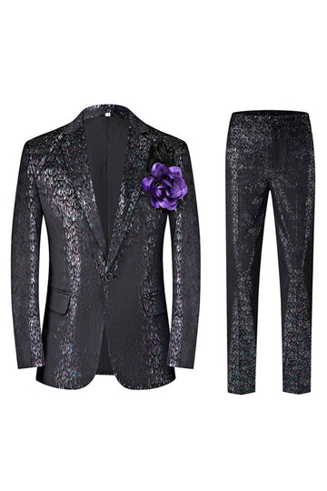 Sparkly Black Floral Notched Lapel 2 Piece Men's Prom Suits